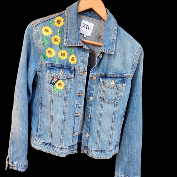 Hand-Painted, Sunflower/Wildflower Jean Jacket - Picture 2 of 3